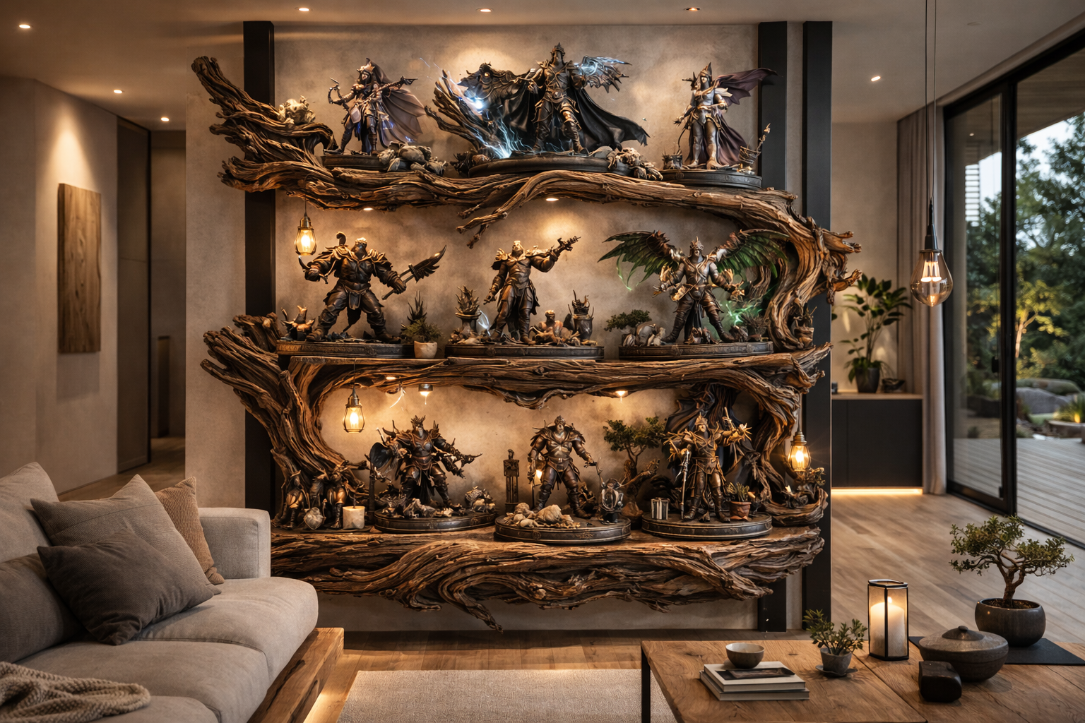 Skulpturales Holzregal mit dark-fantasy Charakter