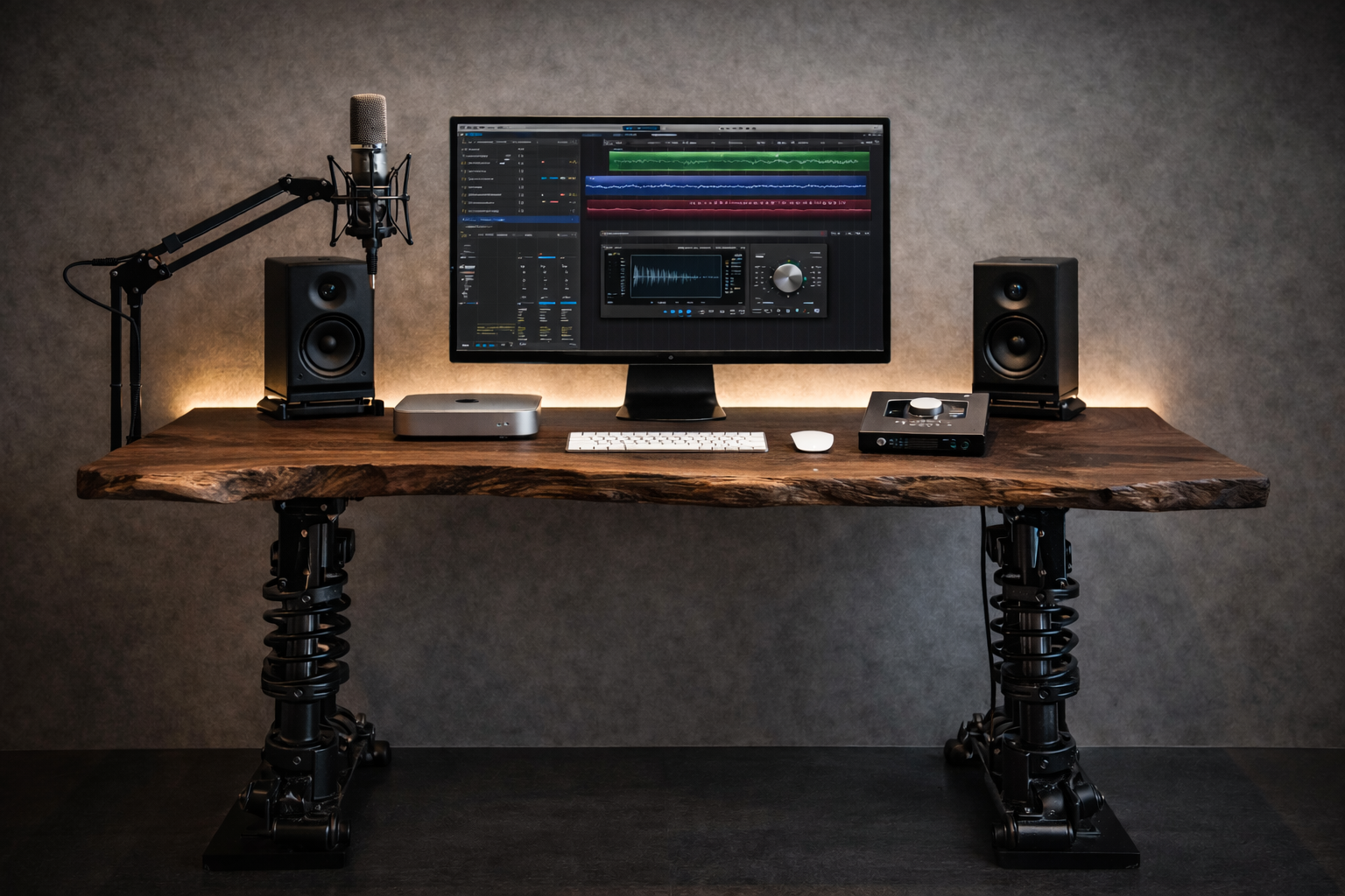 Industriegestell und futuristischer Arbeitsplatz