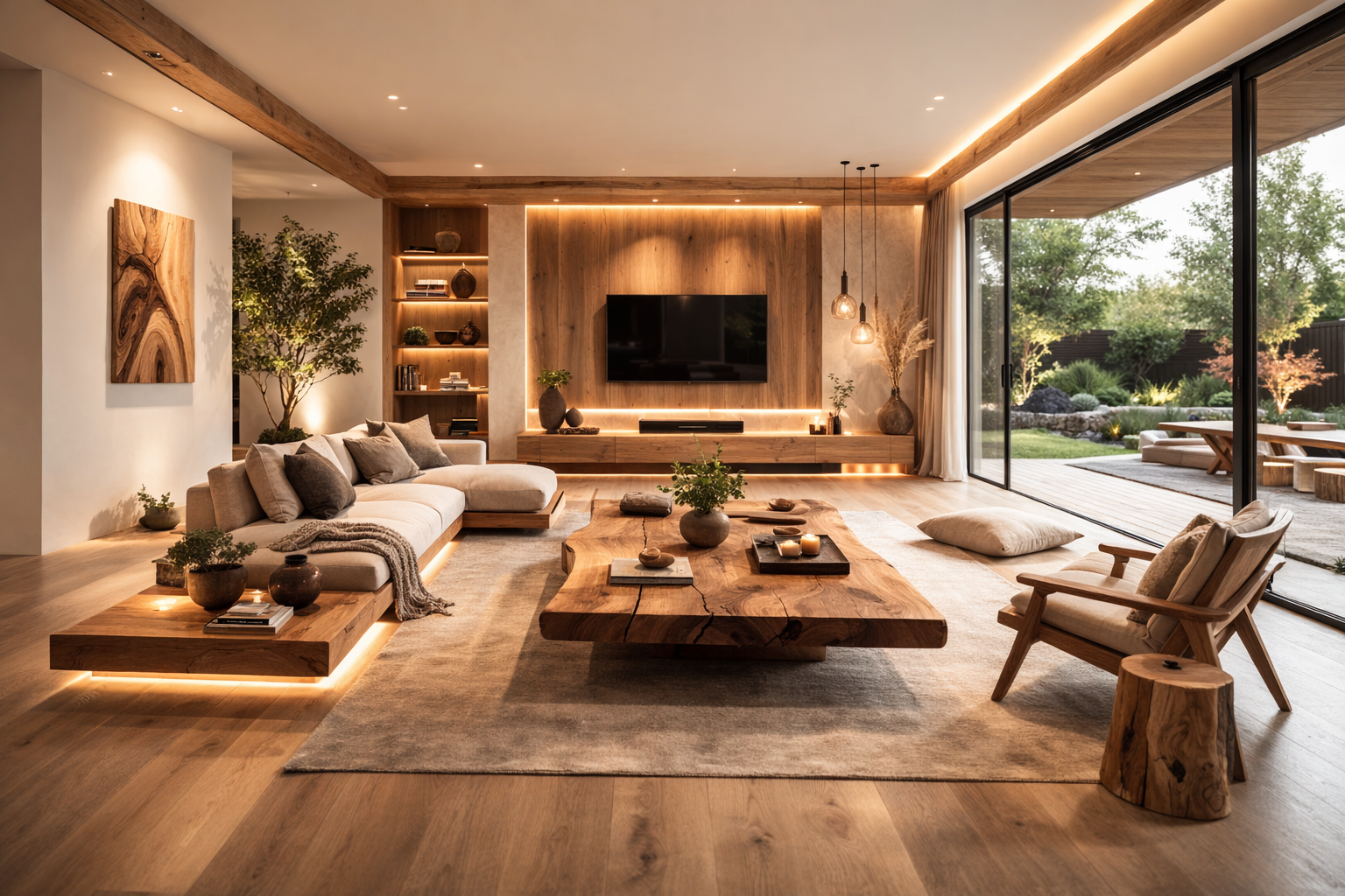 Warmer moderner Wohnraum mit Holz