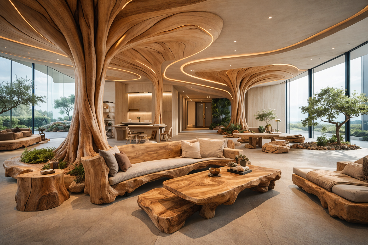 Organische Holzstrukturen mit futuristischem Smart-Home-Interieur